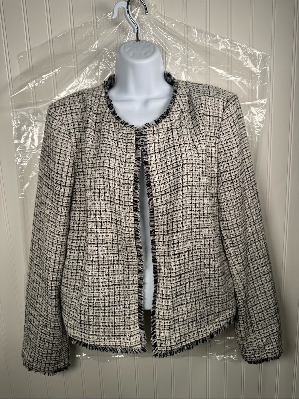 Calvin Klein Fringe Shoulder Pad Blazer / Tweed Open Front Jacket